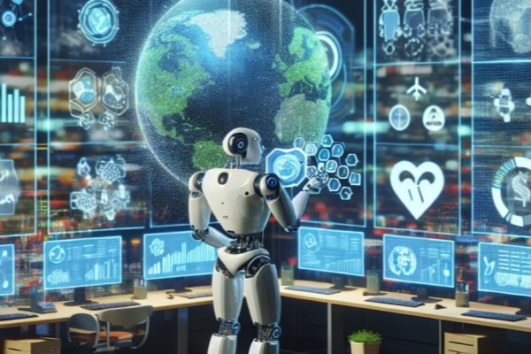 White and black humanoid robot looking at a wall of many computer screens, which come together to display a a large image of the earth in the centre surrounded by icons.