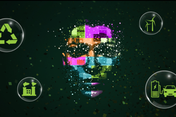 Vibrant, pixilated picture of a woman's face with light green bubbles with sustainability icons inside them floating around her.