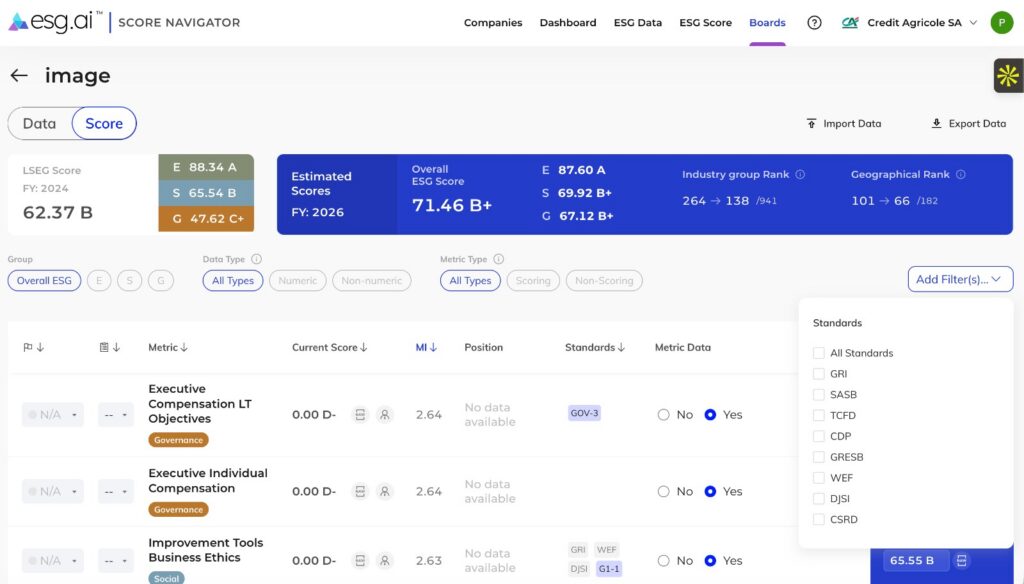 screenshot of the ESG Score navigator