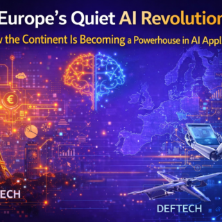 Illustration of Europe’s AI revolution highlighting fintech, defense technology, and AI applications across the continent.