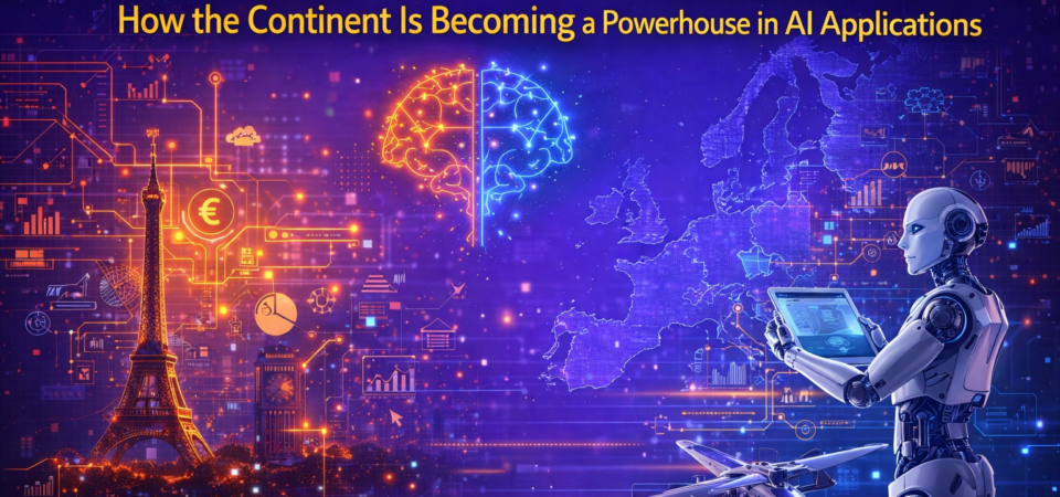 Illustration of Europe’s AI revolution highlighting fintech, defense technology, and AI applications across the continent.