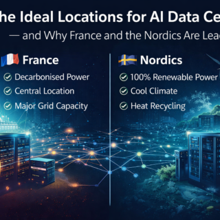 Illustration of AI data centres in France and Nordic countries showing nuclear, wind and hydro power supporting sustainable AI infrastructure in Europe.