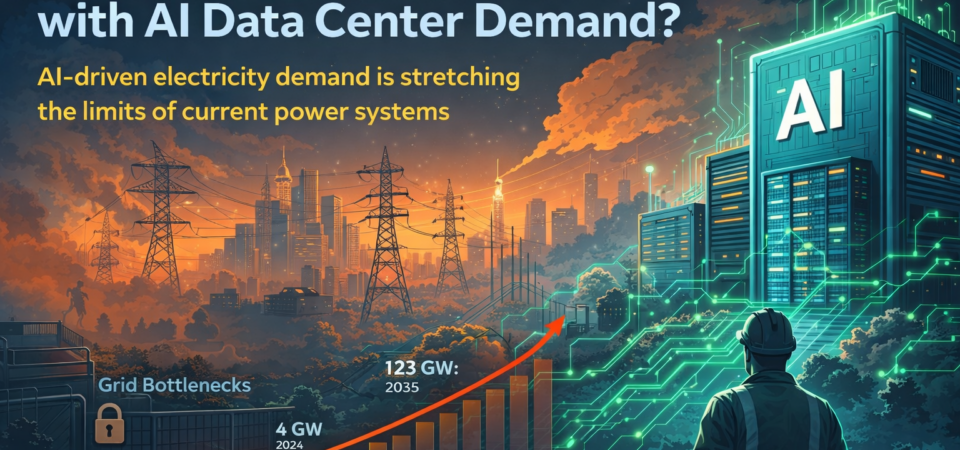 Illustration of AI data centers connected to power grids showing rising electricity demand from artificial intelligence infrastructure and the strain on energy systems.