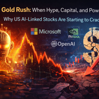 Illustration of the AI gold rush showing falling stock market charts, tech company networks, and artificial intelligence infrastructure representing volatility in US AI-linked stocks.
