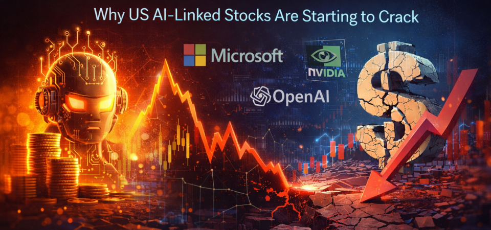 Illustration of the AI gold rush showing falling stock market charts, tech company networks, and artificial intelligence infrastructure representing volatility in US AI-linked stocks.