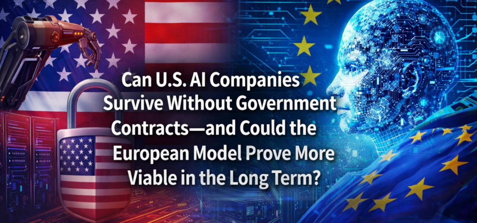 Illustration comparing U.S. and European AI models, highlighting the debate over whether U.S. AI companies can survive without government contracts and the rise of Europe’s open AI ecosystem.